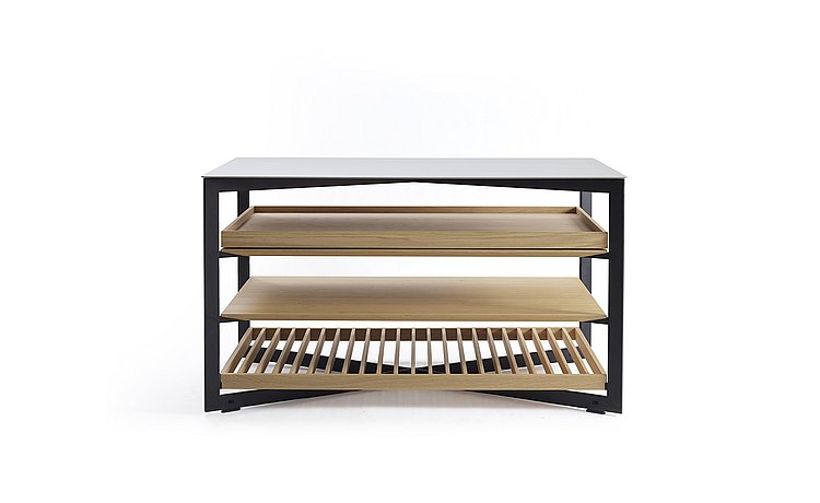 Verre b Solitaire, 140 cm de long avec grille en bois, plateau en bois et plateau coulissant en bois, frontal